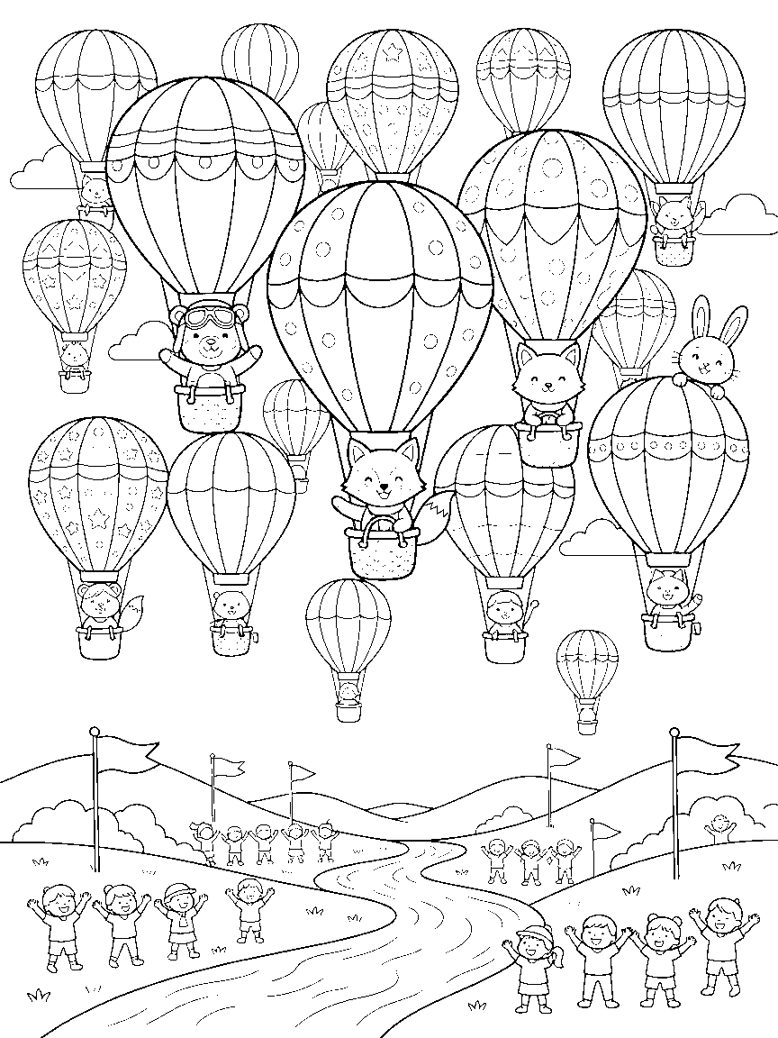 Great Animal Balloon Race coloring page: a sky full of patterned hot-air balloons piloted by animals over hills, a river, checkpoint flags, and tiny cheering crowds