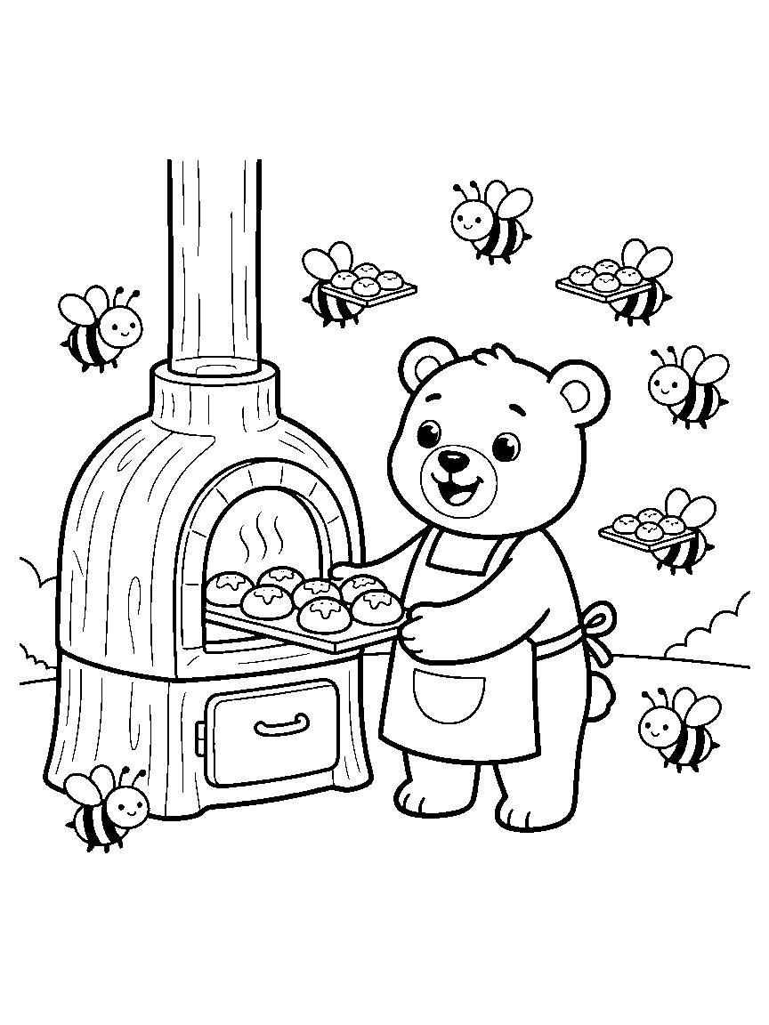 Bear Honey Bakery coloring page: a bear in an apron pulling honey buns from a tree-trunk oven while bees carry tiny trays
