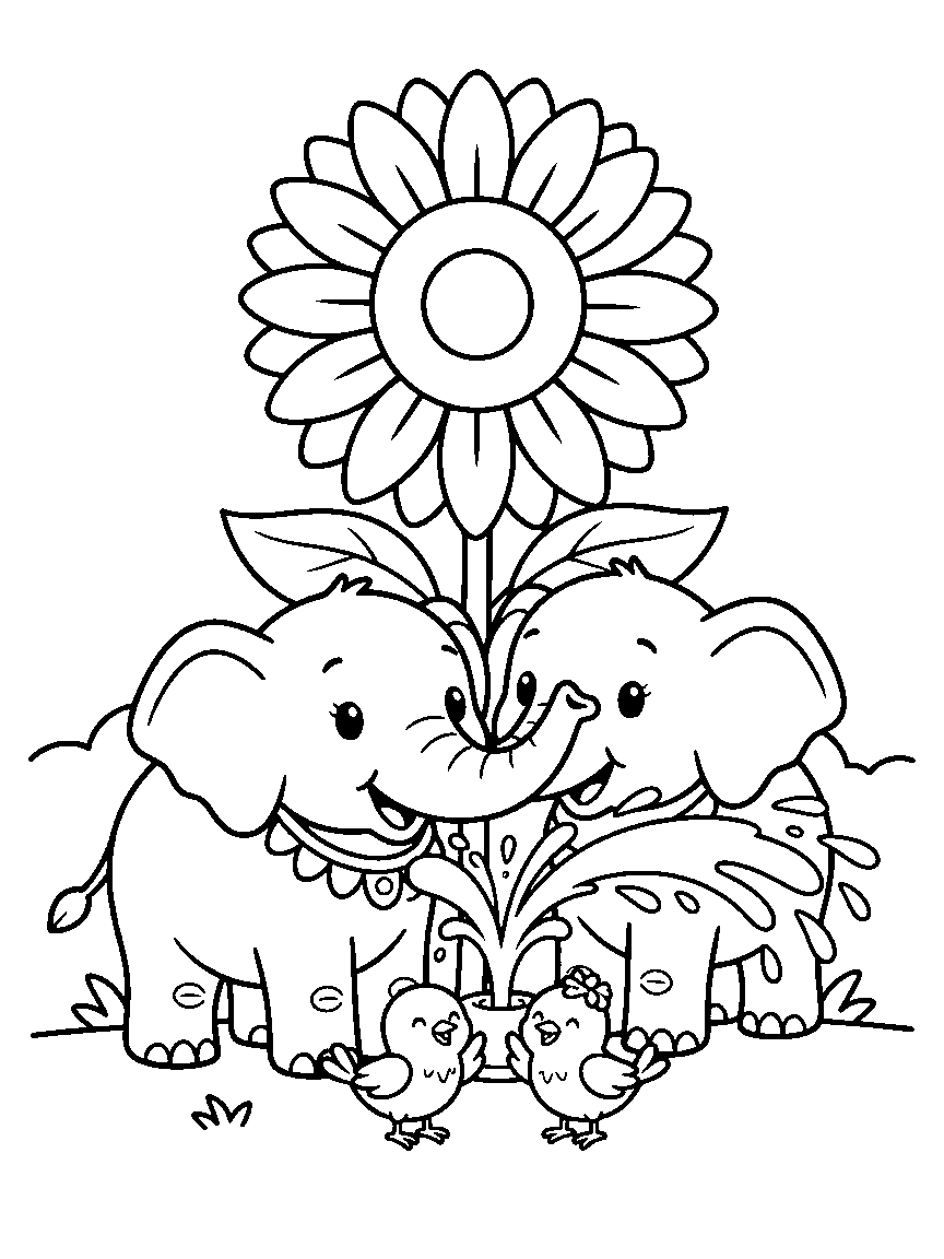 Elephant Garden Shower coloring page: a happy elephant spraying a fountain of water over two giggling birds beneath a giant sunflower