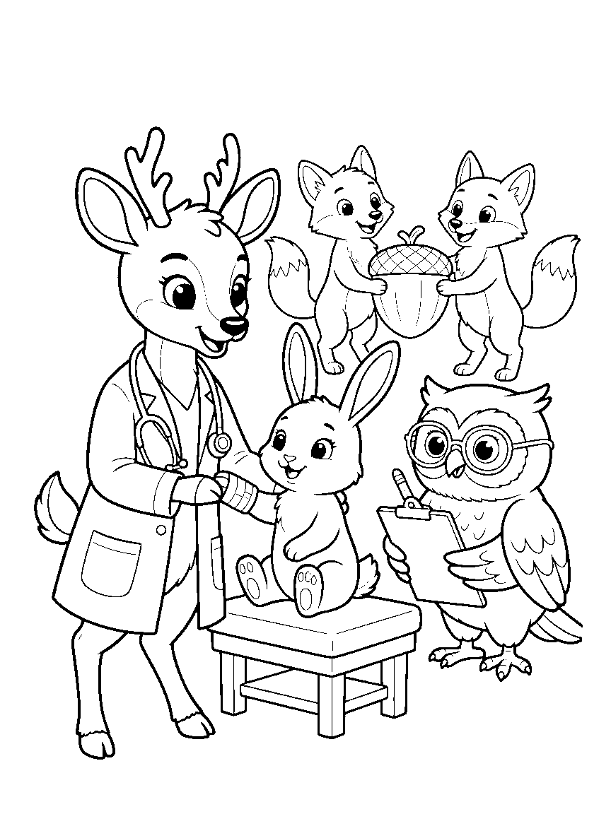 Forest Animal Clinic coloring page: a woodland clinic where a deer doctor checks a rabbit's bandage, an owl holds a clipboard, and foxes arrange acorn stools