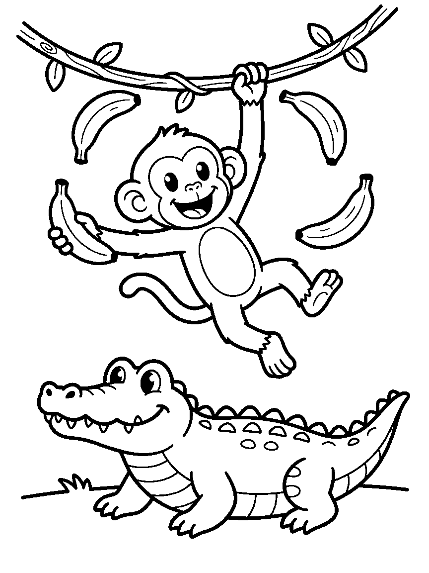 Monkey Banana Swing coloring page: a cheerful monkey swinging on a jungle vine while juggling three bananas over a friendly crocodile below