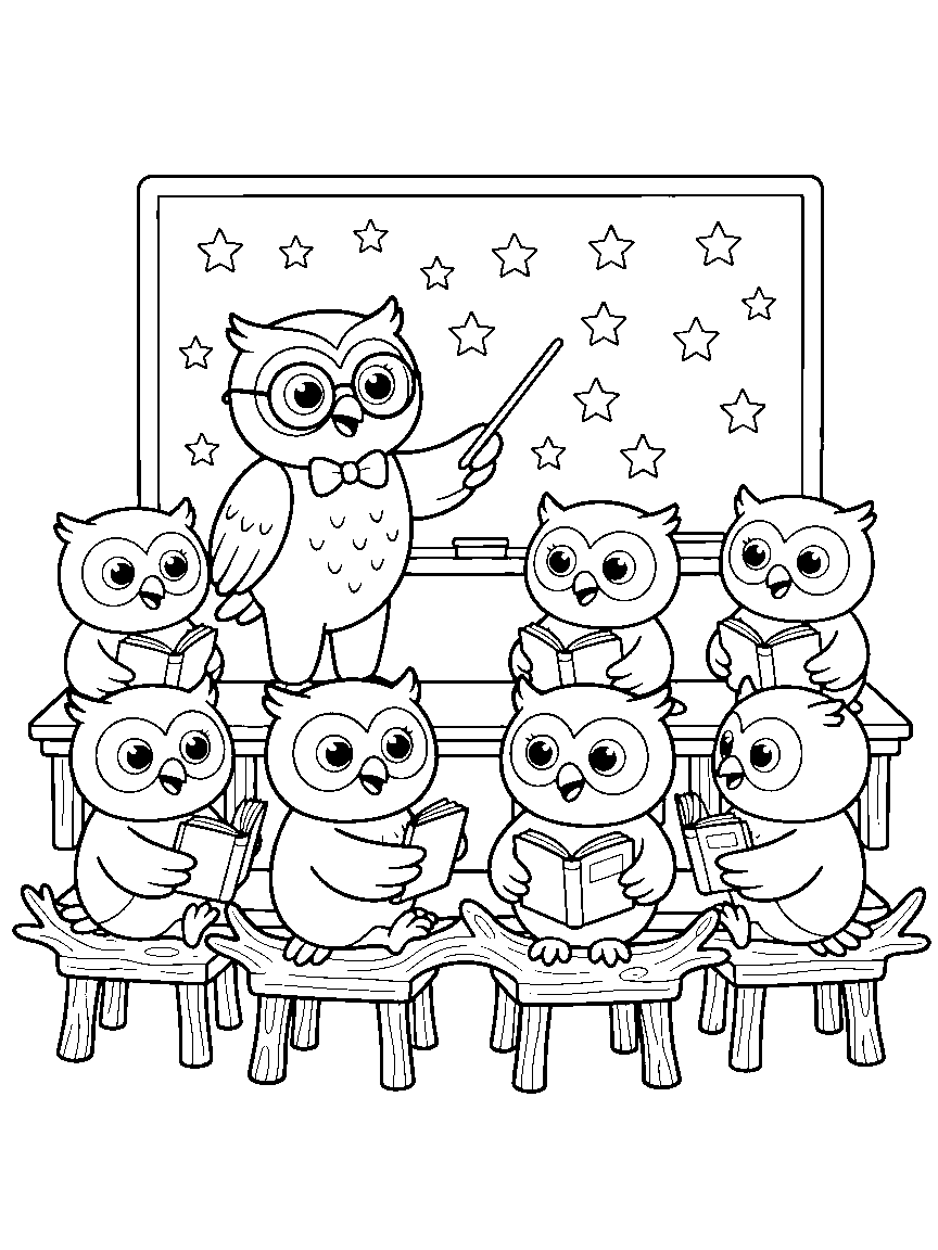Owl Night School coloring page: an owl teacher at a chalkboard of star doodles while young owls sit on branch desks holding tiny books