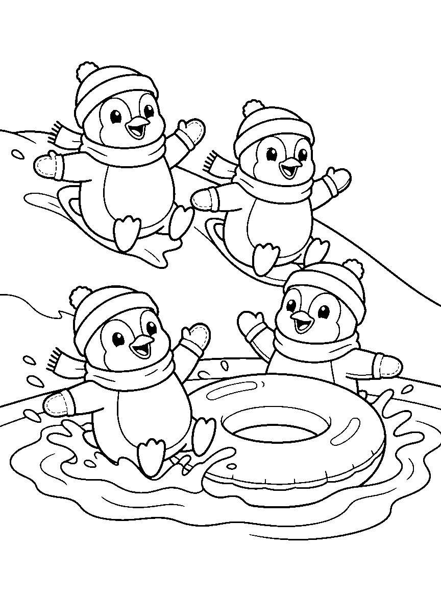 Penguin Slide Party coloring page: three round penguins sliding down a snowy hill toward a splash pool with an inner tube