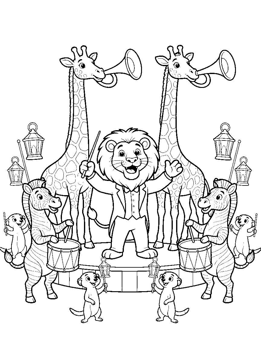 Savanna Sunset Concert coloring page: a savanna stage where a lion conducts, giraffes play tall horns, zebras drum, and meerkats hold up lantern lights