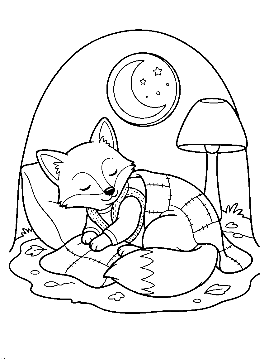 Sleepy Fox Den coloring page: a curled-up fox sleeping in a cozy den with a patchwork blanket, a mushroom lamp, and a moon window