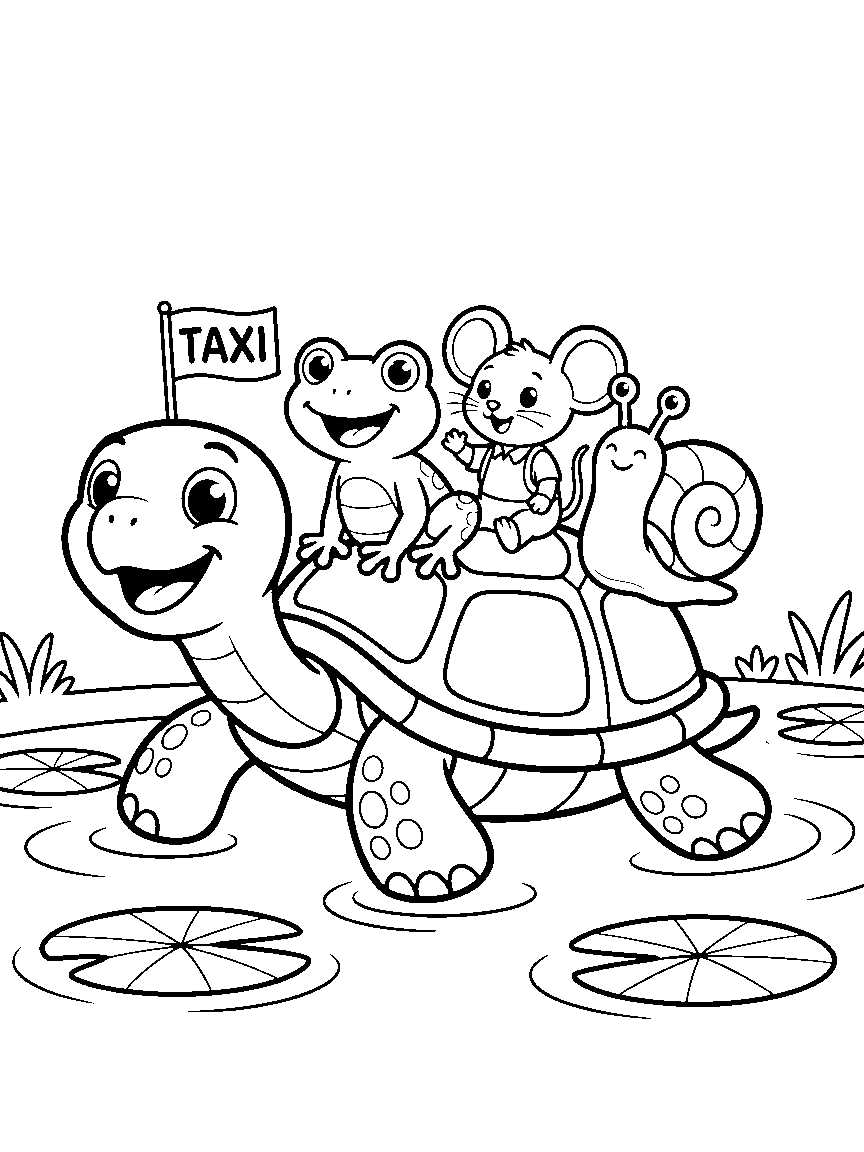 Turtle Taxi Service coloring page: a big smiling turtle ferrying a frog, a mouse, and a snail across a lily pond with a taxi flag on its shell