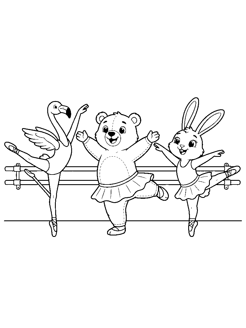 Barre Class Friends coloring page: a row of animal students at the barre — flamingo, bear, and rabbit — each attempting the same arabesque differently