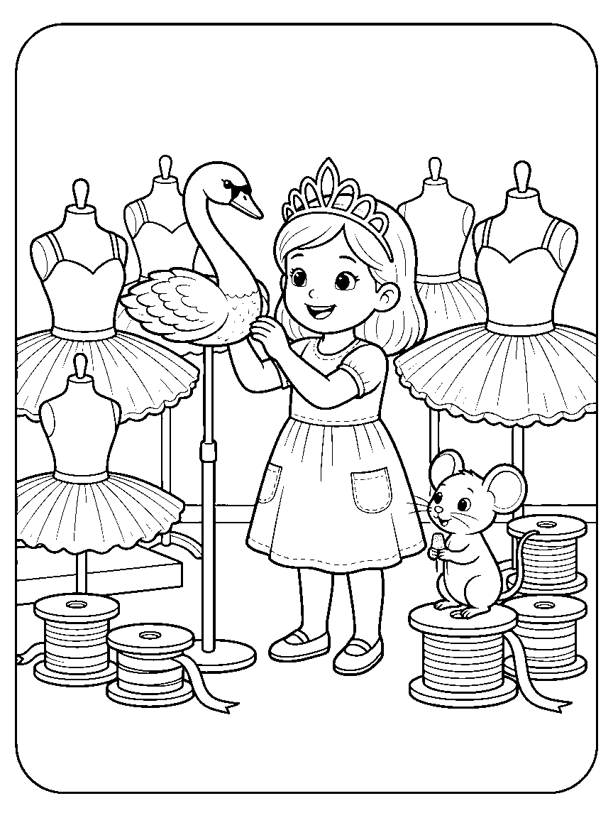 The Costume Workshop coloring page: a backstage workshop with tutus on dress forms, ribbon spools, a sewing mouse, and a swan headpiece on a stand