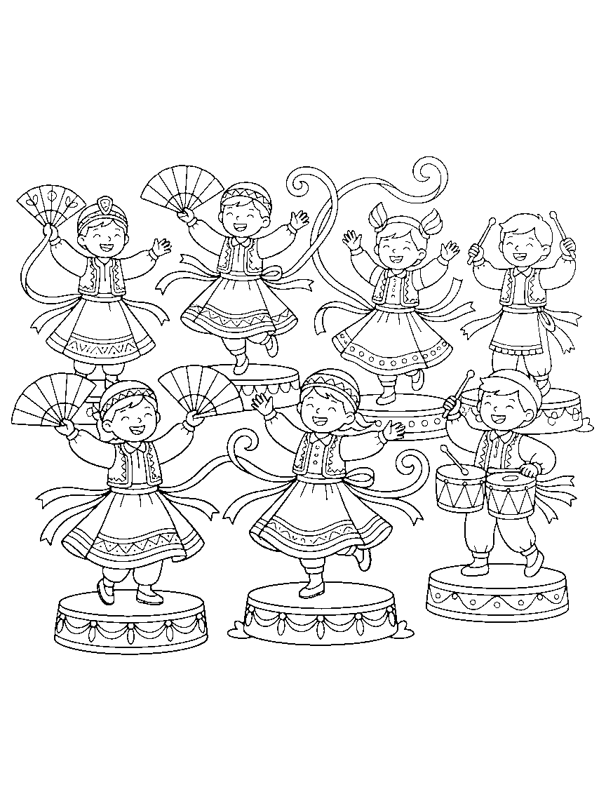 Dances Around the World coloring page: a festival stage sampler of dancers in original folk costumes — fans, ribbons, drums — each on a decorated platform
