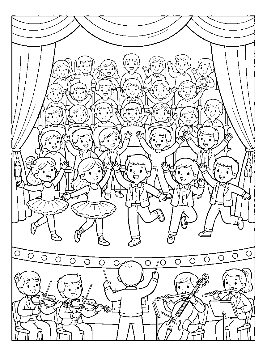The Grand Recital coloring page: a detailed theater stage mid-performance with a dancing company, curtain swags, footlights, orchestra pit, and full audience