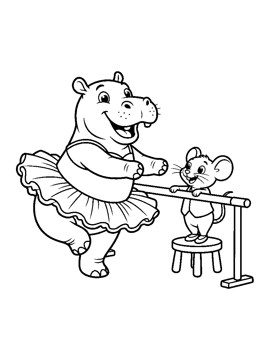 The Hippo's First Plié coloring page: a joyful hippo in a big tutu practicing a plié at a barre while a mouse teacher demonstrates on a stool