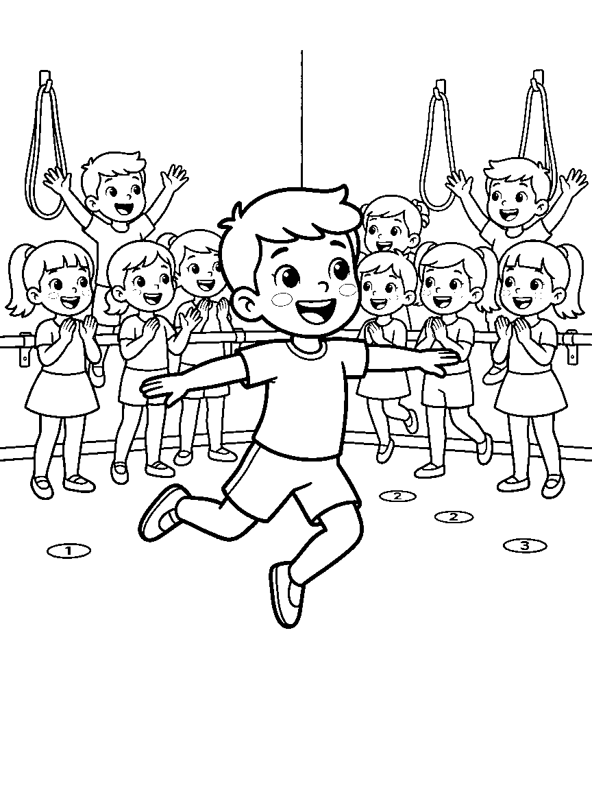 The Great Leap coloring page: a boy dancer mid-leap across a studio with stretch bands, floor markers, and classmates cheering at the barre