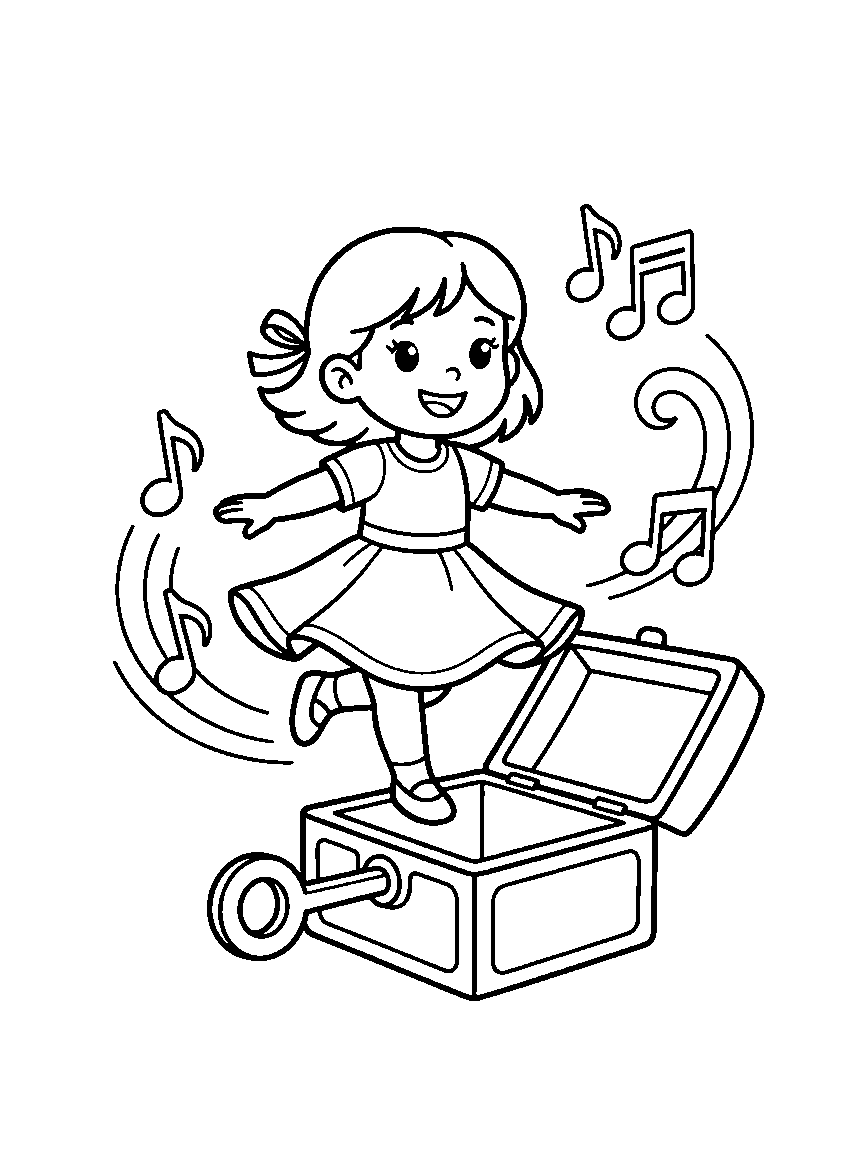 Music Box Dancer coloring page: a smiling dancer figure turning on an open music box with a big wind-up key and floating note swirls