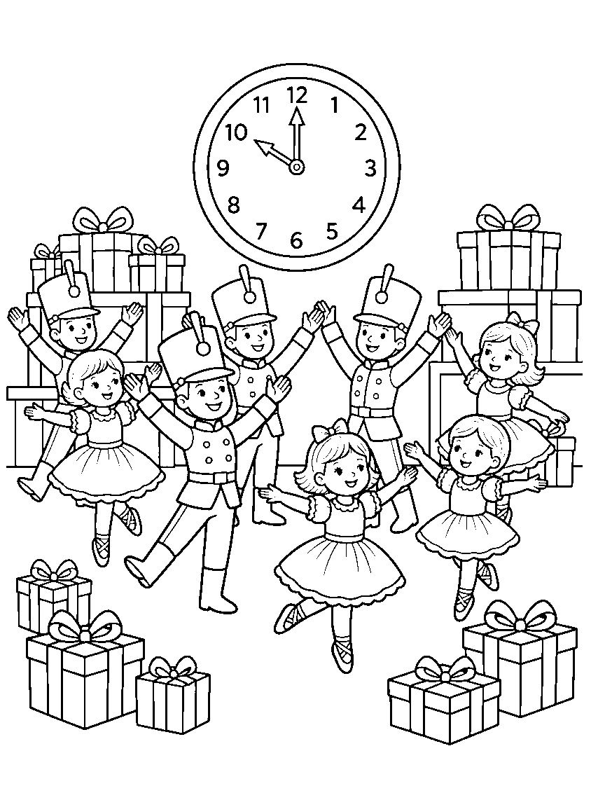 The Enchanted Toy Shop Ballet coloring page: an original toy-shop ballet scene where toy soldiers, dolls, and a clock strike midnight positions among wrapped gifts