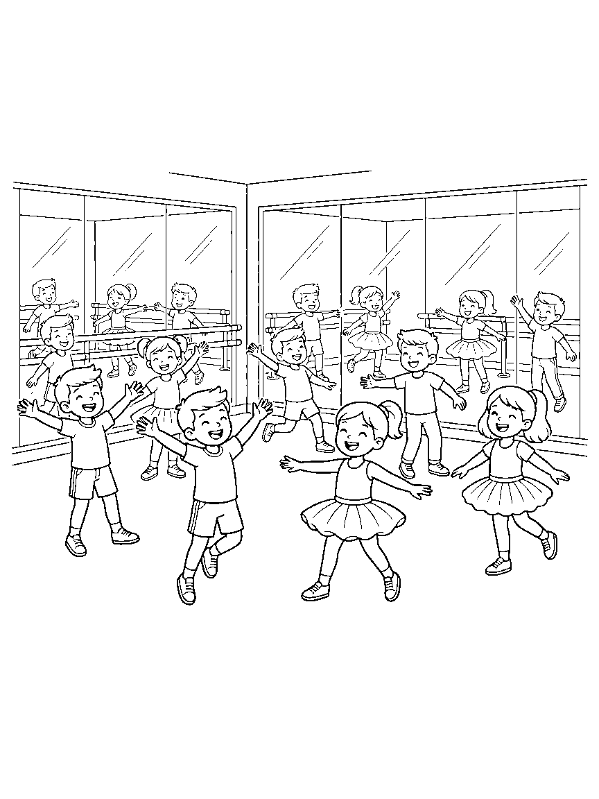 Rehearsal Mirror Room coloring page: dancers rehearsing in a mirrored studio, their reflections showing the next step of the move they are practicing