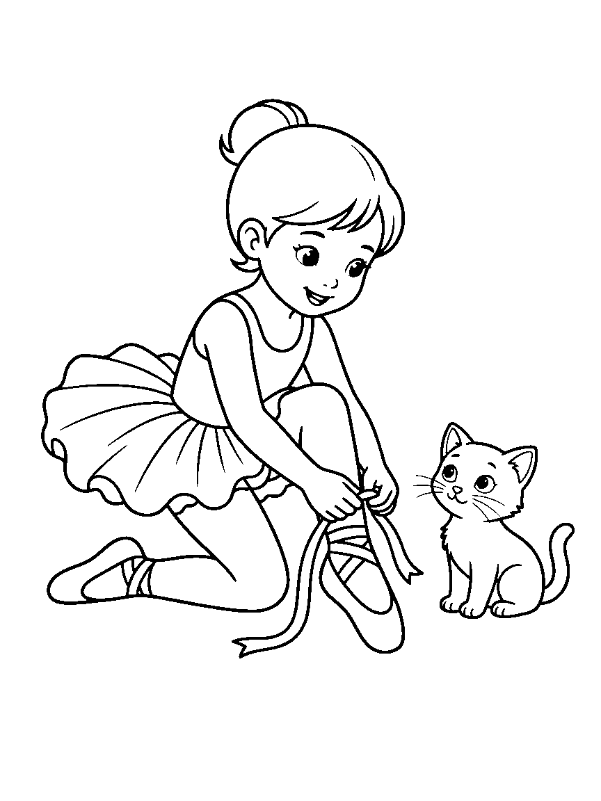 The Giant Tutu Bow coloring page: a young dancer in an oversized tutu tying one big ballet slipper ribbon beside a curious kitten