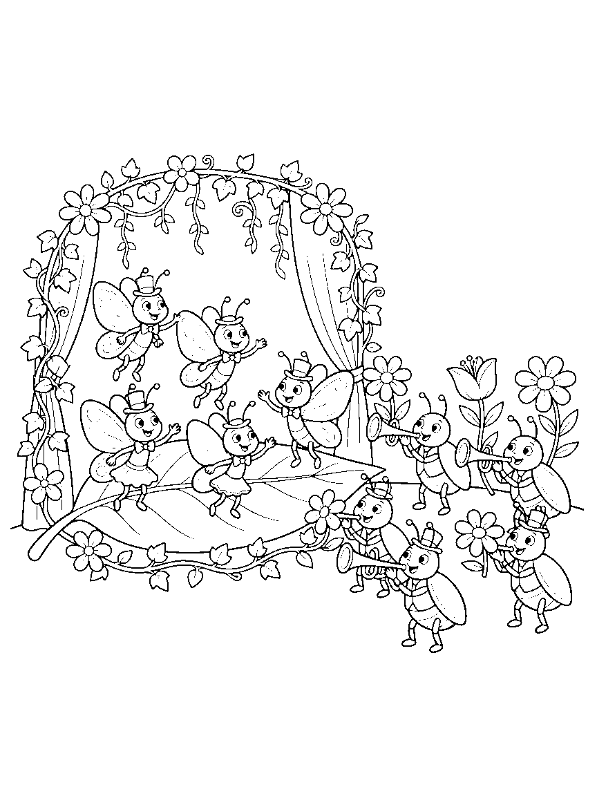Butterfly Dance Recital coloring page: butterflies performing on a leaf stage with curtain vines while beetle musicians play flower trumpets