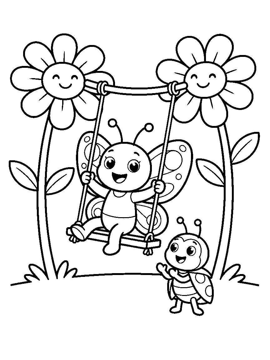 Butterfly Flower Swing coloring page: a butterfly swinging on a vine swing hung between two tall daisies while a ladybug claps below