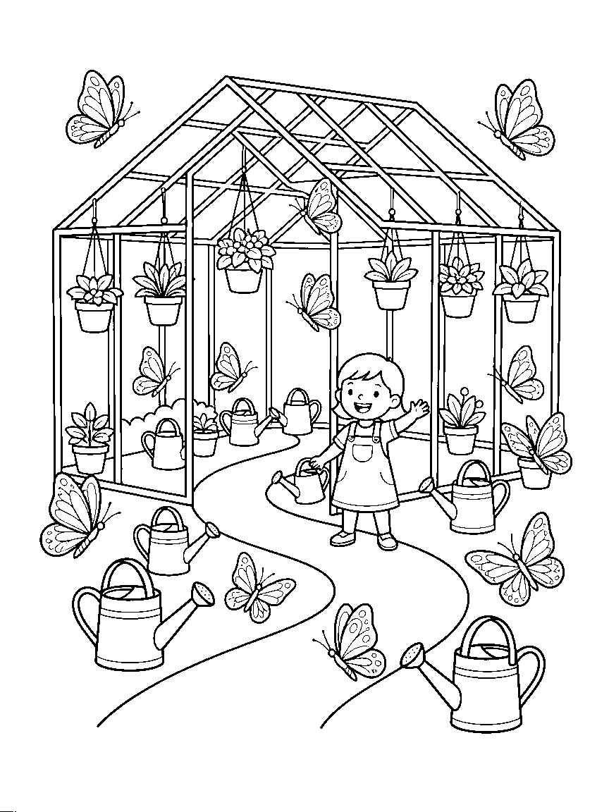 The Butterfly Greenhouse coloring page: a glass greenhouse full of hanging planters, winding paths, watering cans, and butterflies of many patterned species