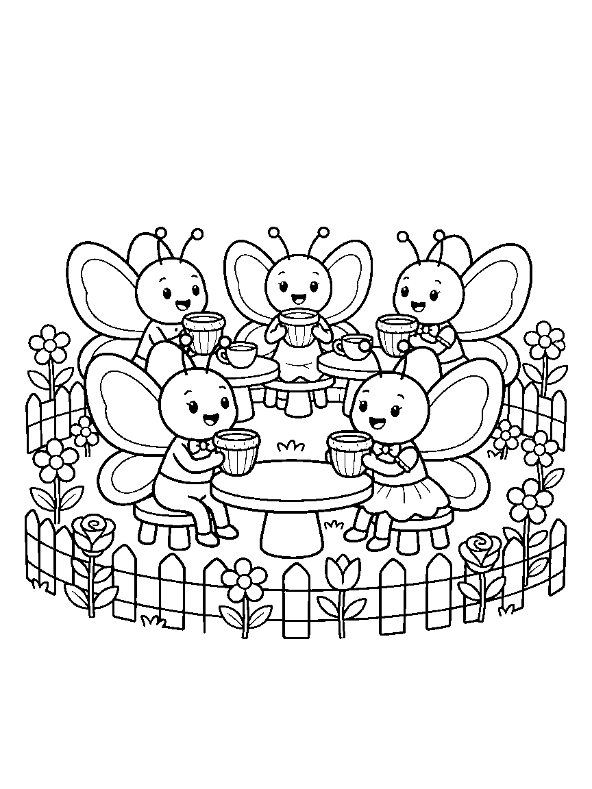 Butterfly Tea Garden coloring page: butterflies sipping nectar tea at toadstool tables set with acorn cups in a fenced flower garden