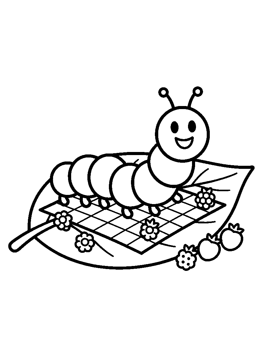 Caterpillar Leaf Picnic coloring page: a long smiling caterpillar picnicking on an enormous leaf with berry snacks and a tiny checkered blanket