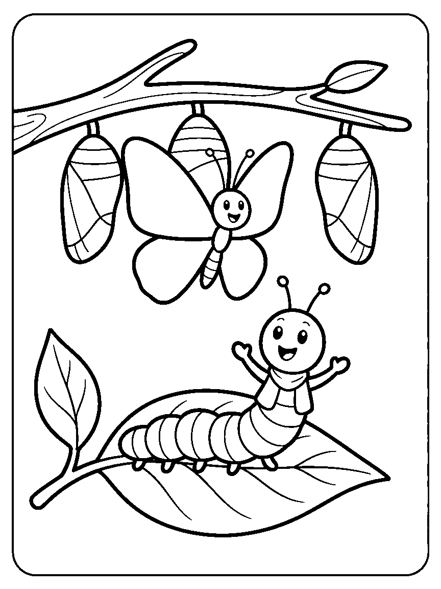 Chrysalis Surprise coloring page: a branch with three chrysalises, one opening as a butterfly emerges, with a caterpillar friend waving from a leaf