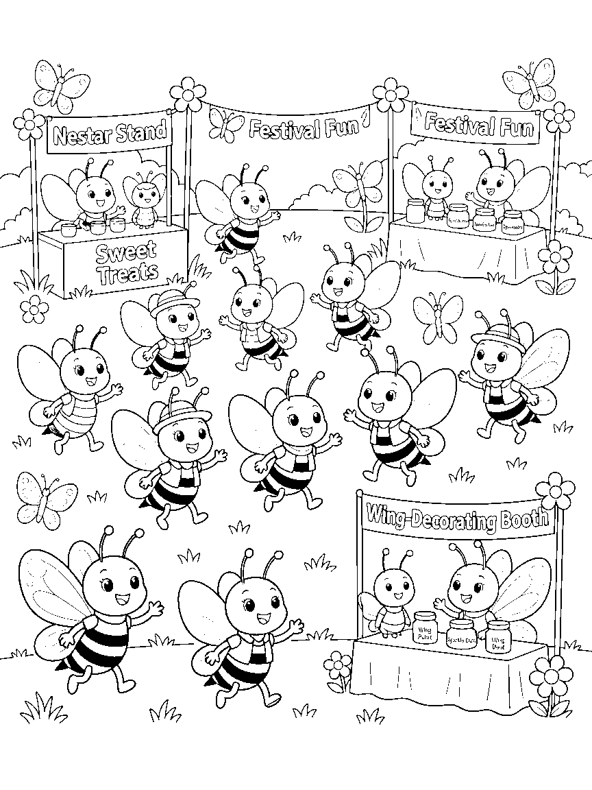 Meadow Wing Festival coloring page: a meadow festival with butterfly banners, nectar stands, a wing-decorating booth, and a parade of patterned wings
