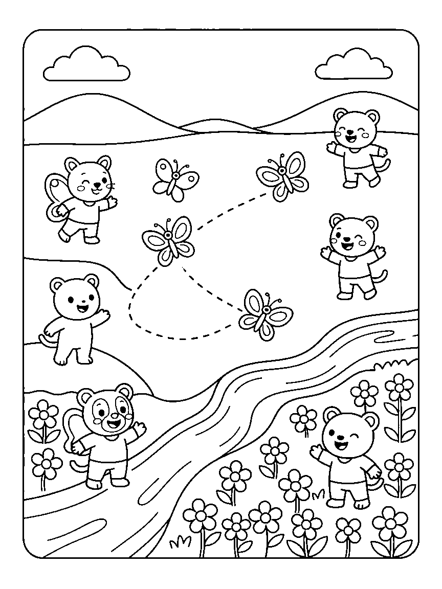 The Great Migration Map coloring page: a friendly map with a dotted flight path over hills, a river, and a field of flowers, marked by waypoint butterflies
