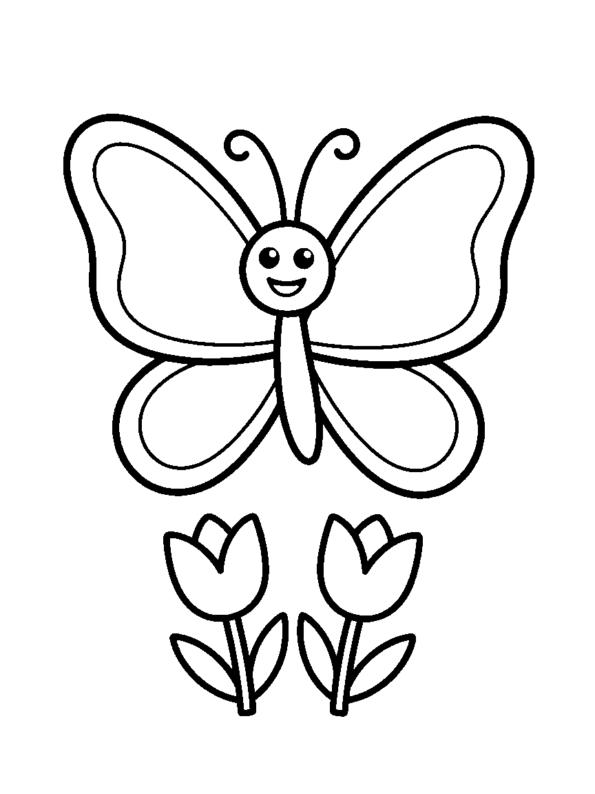 One Giant Happy Butterfly coloring page: a single giant butterfly with big rounded wing sections, a smiling face, and curled antennae over two tulips