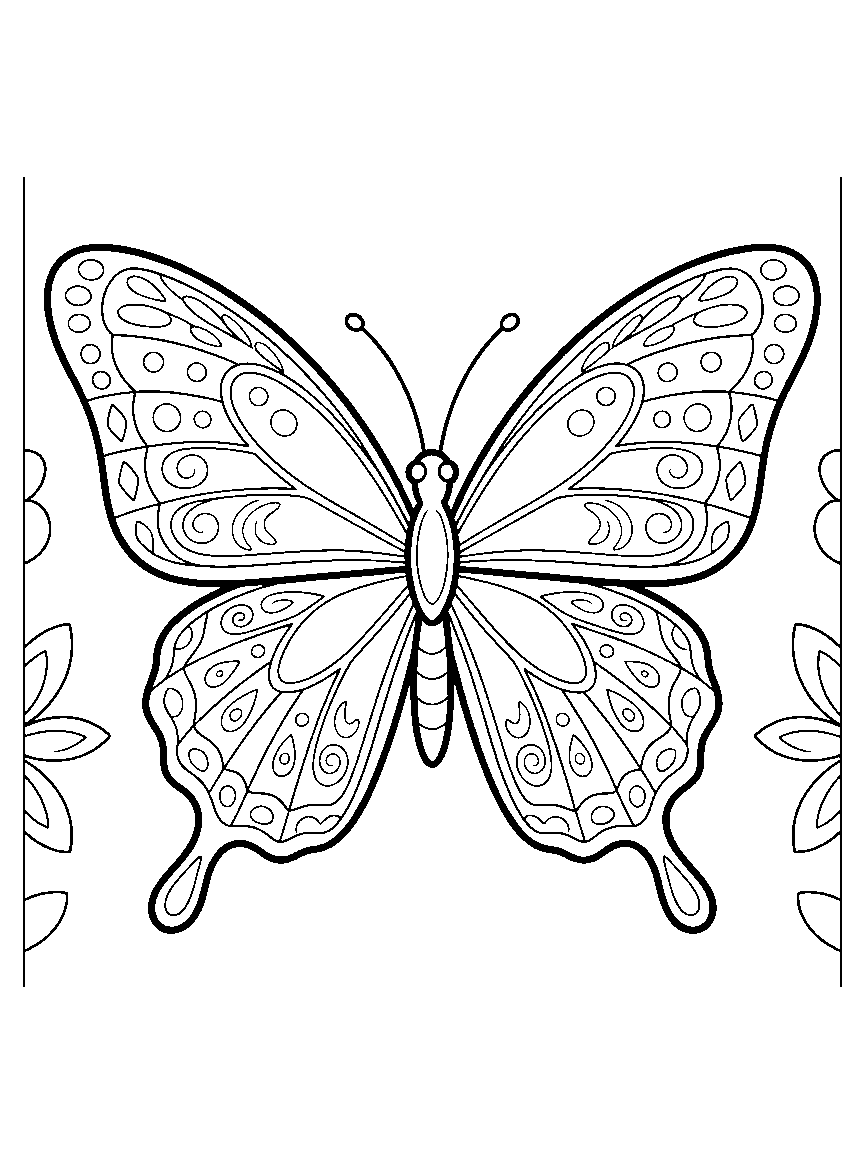 Mirror-Pattern Wings coloring page: a large butterfly with intricate symmetrical wing patterns of swirls, dots, diamonds, and scallops to color and match
