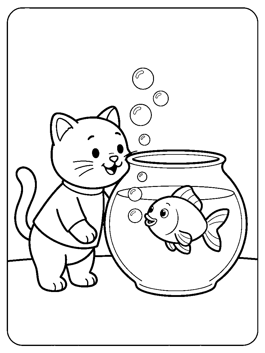 Cat and Goldfish Friends coloring page: a gentle cat pressing its nose to a fishbowl while a smiling goldfish blows three round bubbles