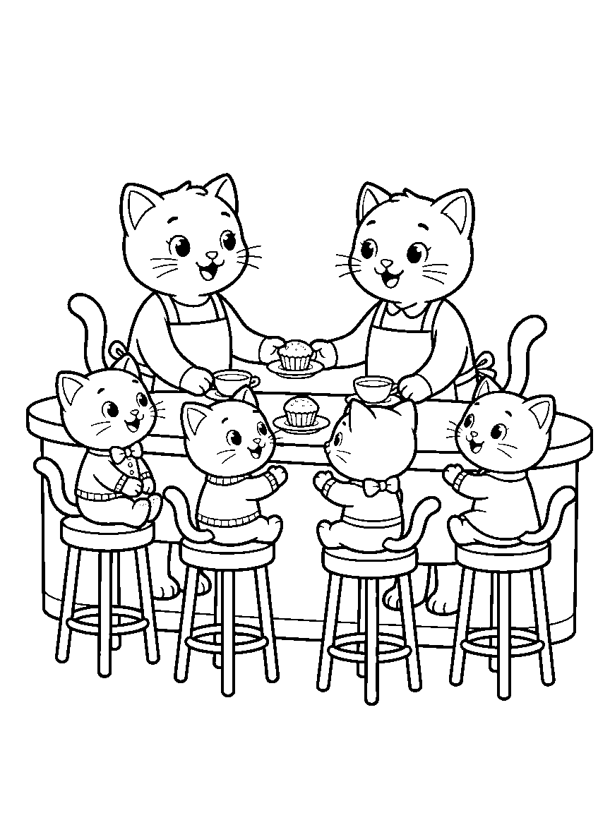 Cat Café Morning coloring page: aproned cats serving saucers of milk and muffins to seated kitten customers at a cozy café counter