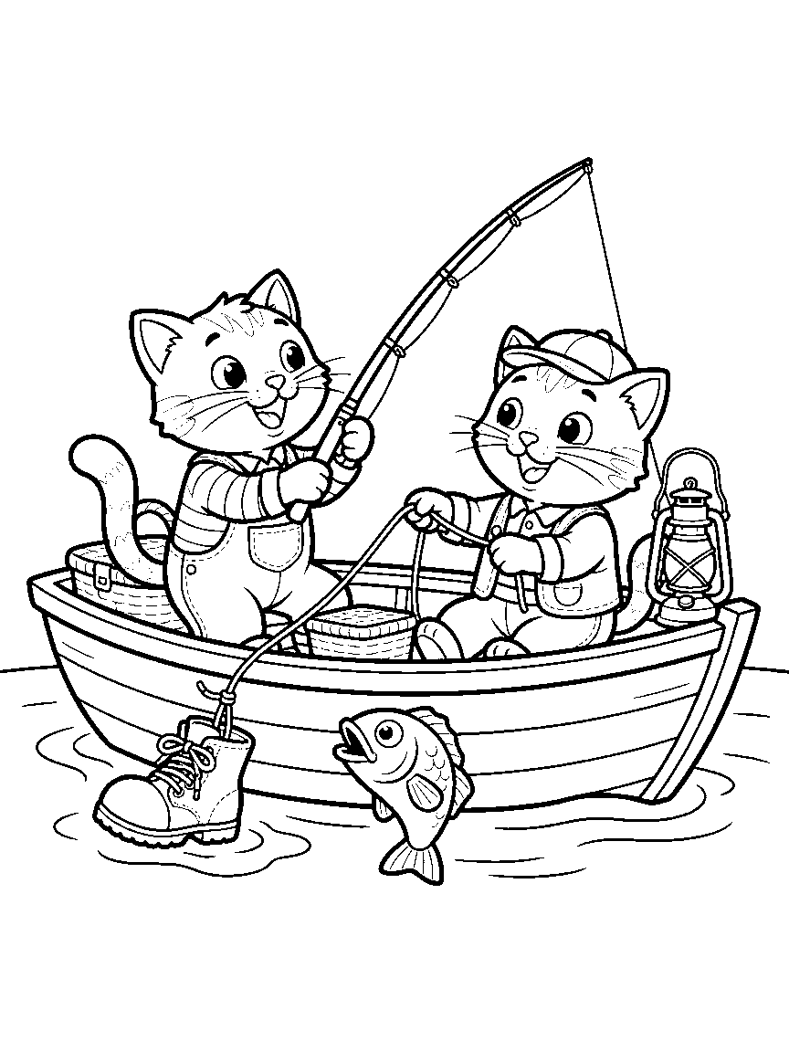 Cat Fishing Trip coloring page: two cats in a small rowboat reeling in a boot and a surprised fish, with a picnic basket and a lantern aboard