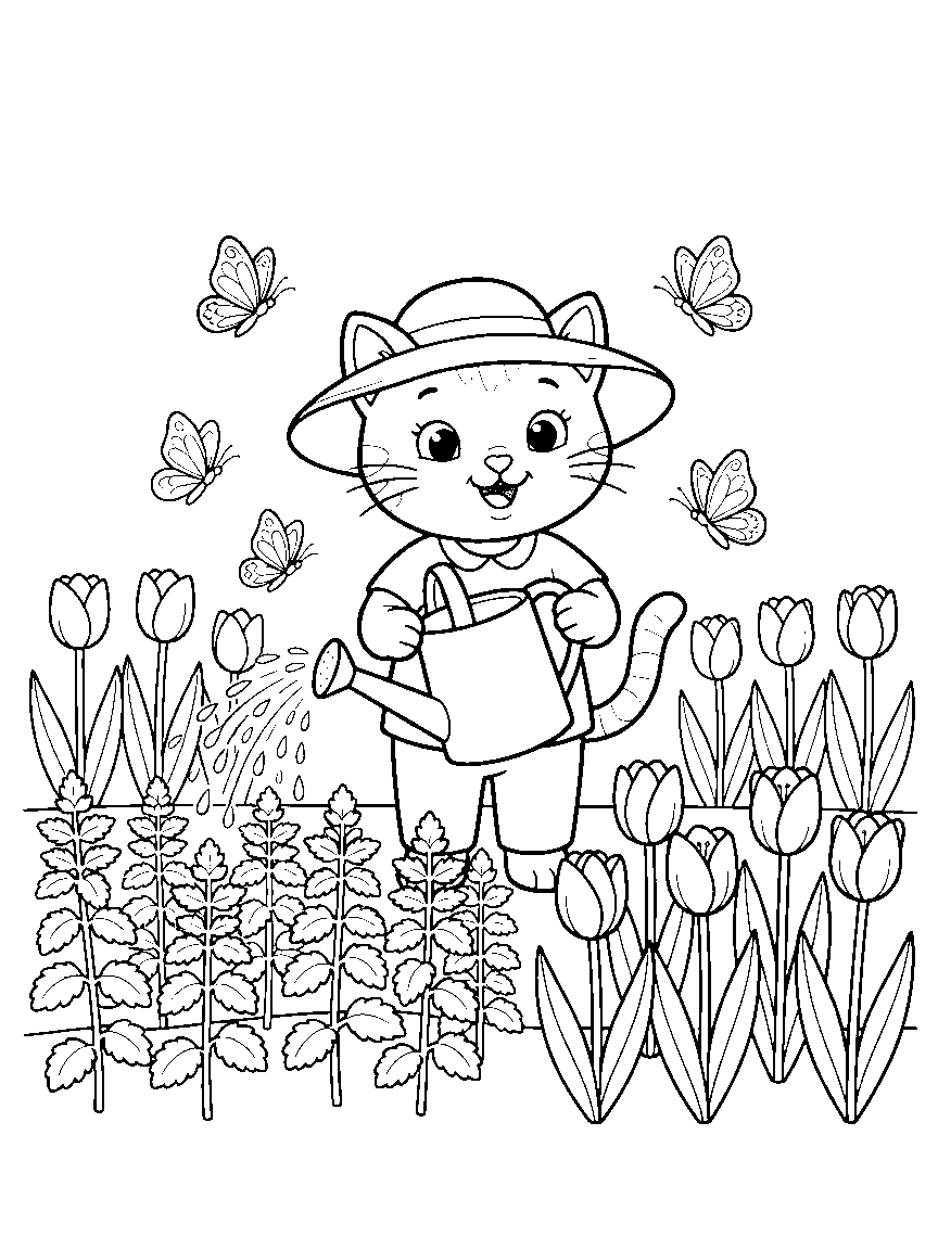 The Cat Gardener coloring page: a cat in a sun hat watering rows of catnip and tulips while butterflies land on the watering can