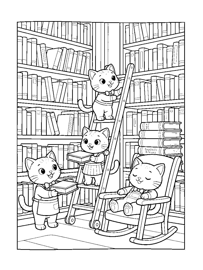 Cat Library Ladders coloring page: a tall library where cats climb rolling ladders, shelve books, and nap in a rocking chair beside stacked encyclopedias
