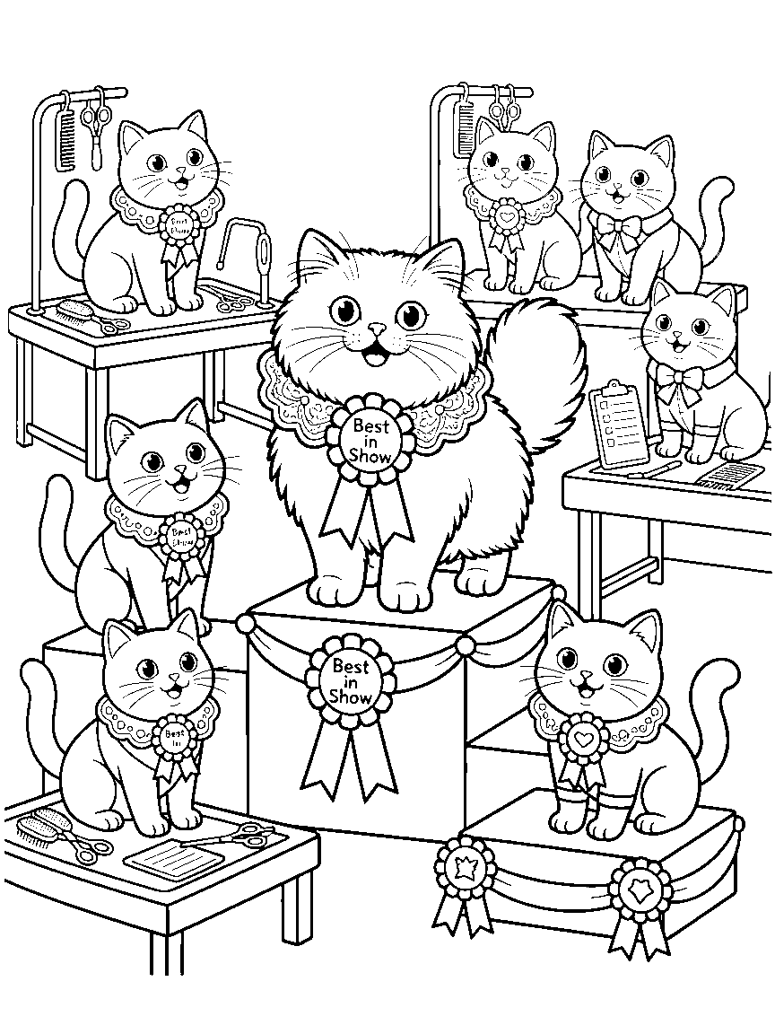 The Grand Cat Show coloring page: a detailed cat show with ribboned podiums, judging tables, grooming stations, and proud cats in fancy collars