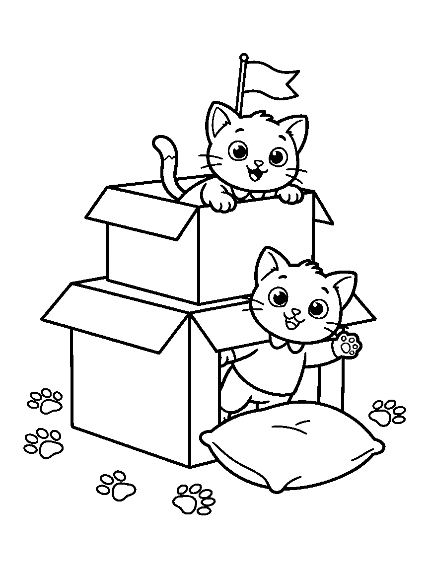 Kitten Box Fort coloring page: two playful kittens peeking from a cardboard box fort with a flag, a cushion, and scattered paw prints