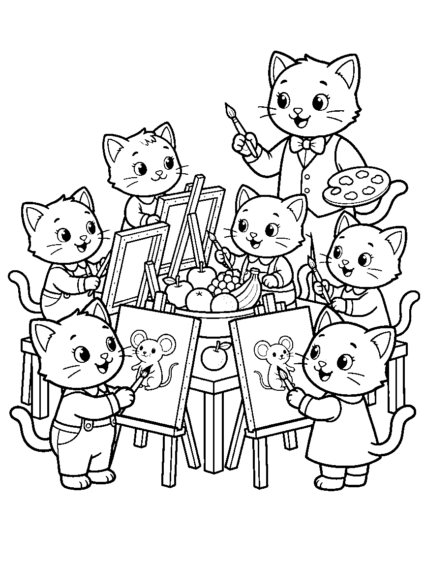 Kitten Painting Class coloring page: kittens at easels painting a bowl of fruit while a teacher cat holds a palette and one kitten paints a mouse instead