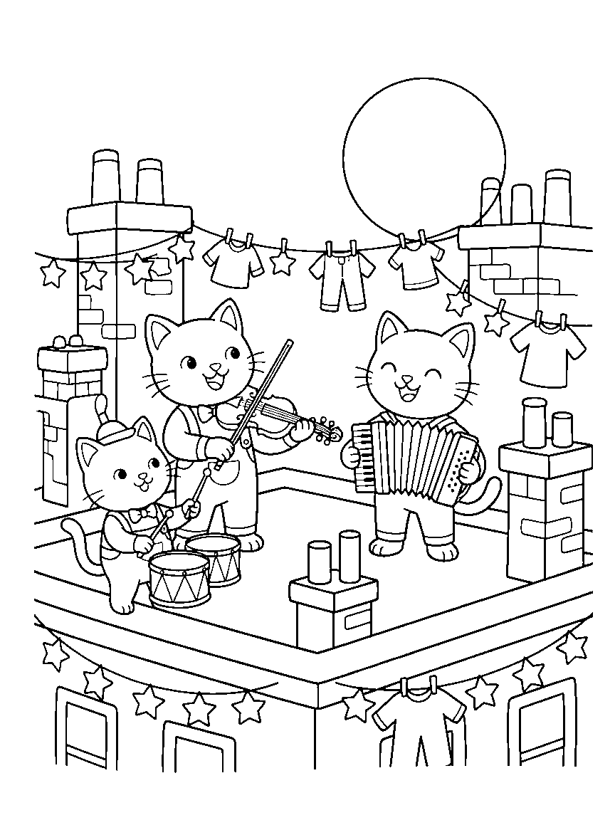 Rooftop Moonlight Band coloring page: a rooftop concert of cats playing violin, accordion, and drums under a full moon with chimneys, laundry lines, and star bunting