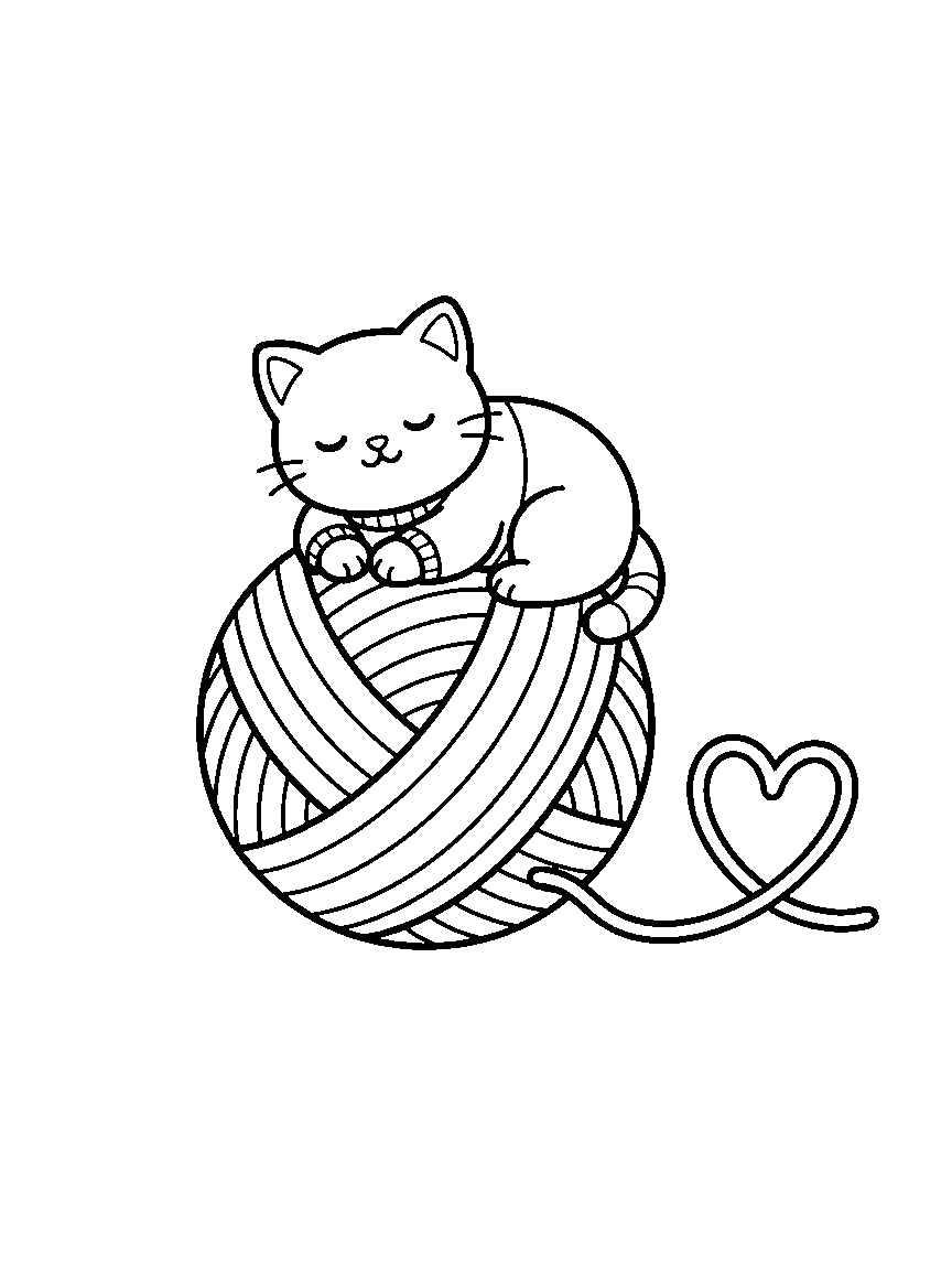 Kitten Yarn-Ball Nap coloring page: a round kitten asleep on a giant ball of yarn with a trailing strand curling into a heart