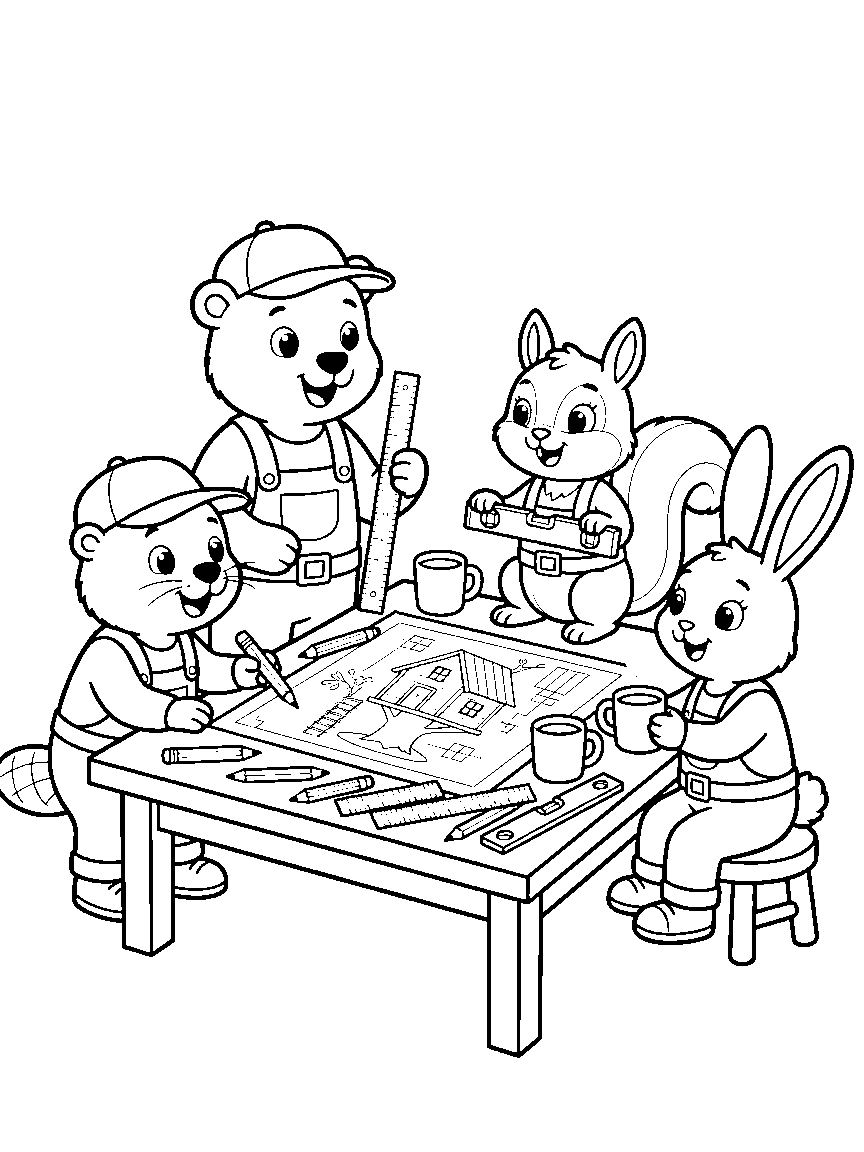 The Blueprint Table coloring page: animal builders reviewing a big blueprint of a treehouse with rulers, pencils, a level, and mugs on the table