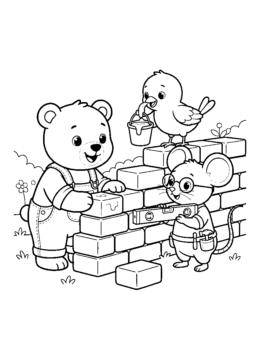 Brick by Brick Crew coloring page: a bear laying bricks on a garden wall while a bird supplies mortar and a mouse checks the level bubble