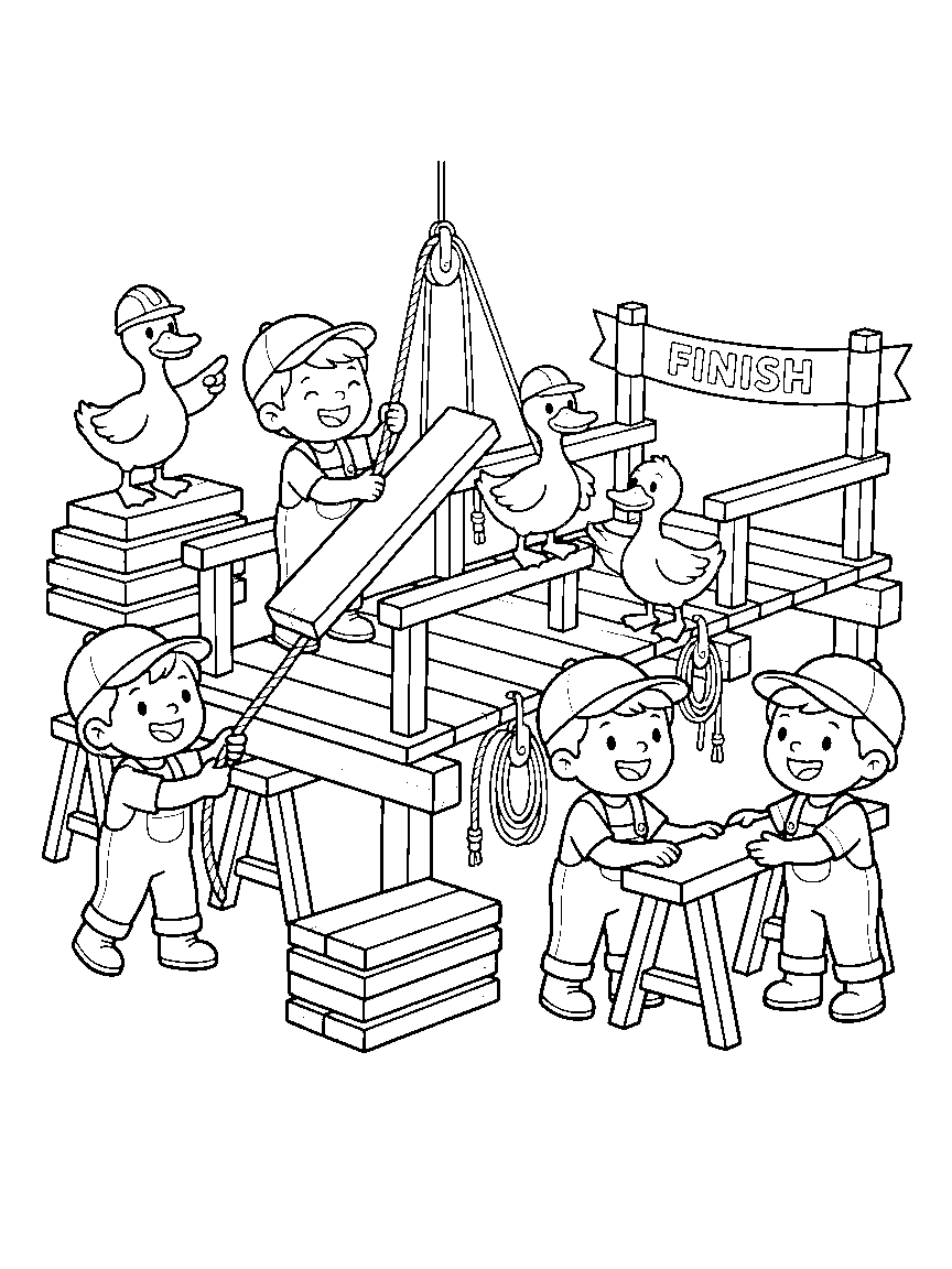 Bridge Over the Creek coloring page: a wooden bridge under construction with rope pulleys, sawhorses, plank stacks, ducks supervising, and a finish ribbon waiting