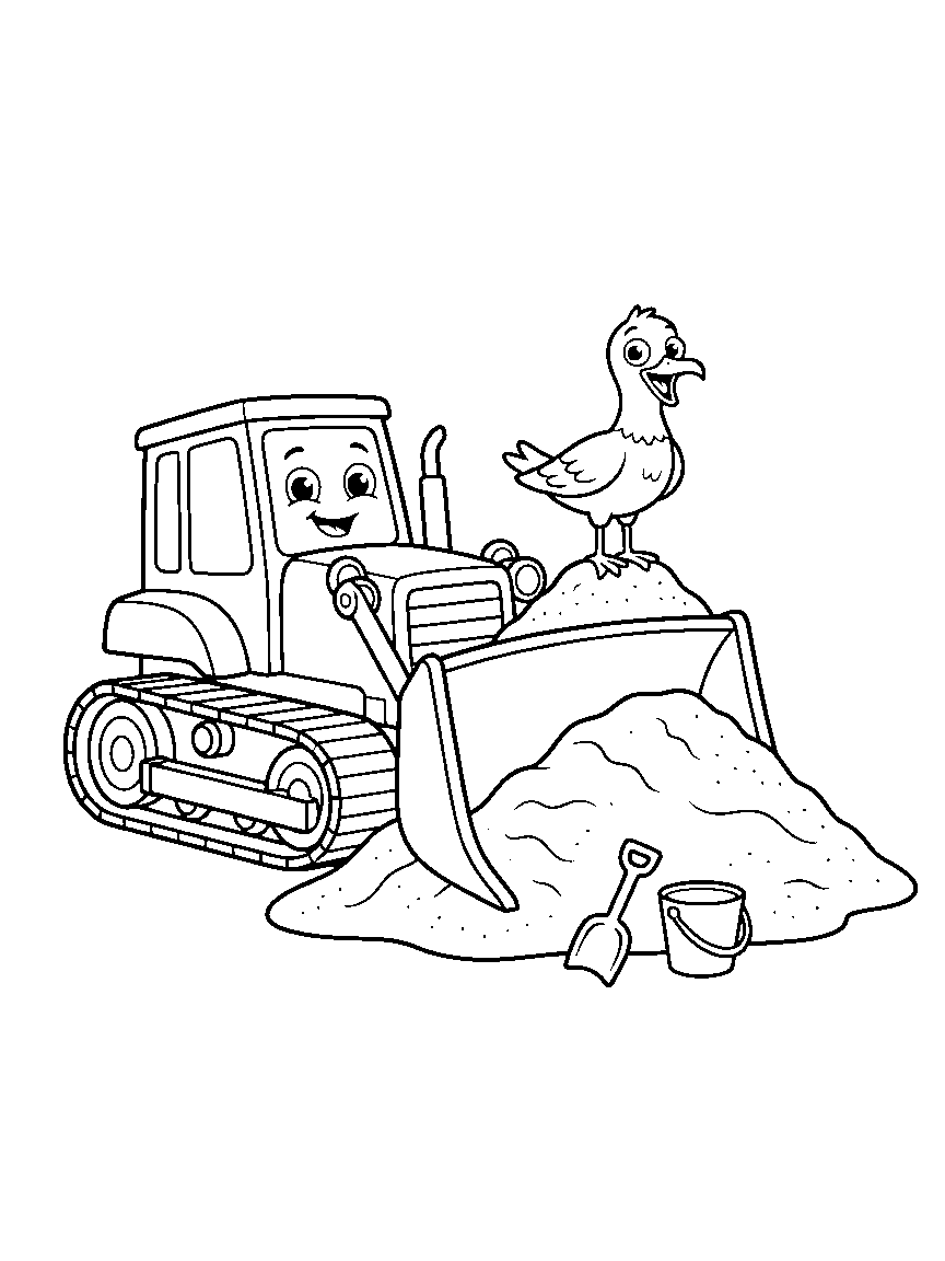 Bulldozer on Sand Hill coloring page: a smiling bulldozer pushing a big pile of sand with a shovel, pail, and one surprised seagull on top