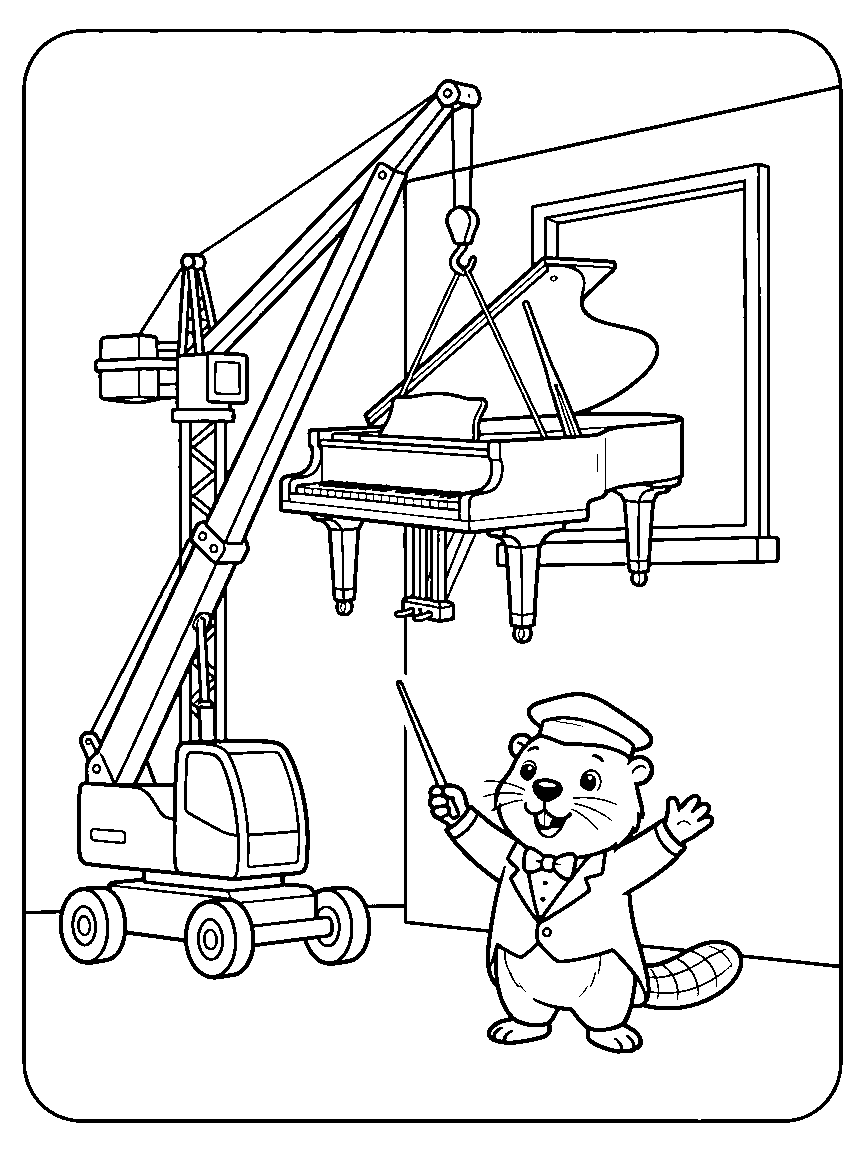 The Crane and the Piano coloring page: a tall crane gently lifting a grand piano toward a window while a beaver conductor waves from below