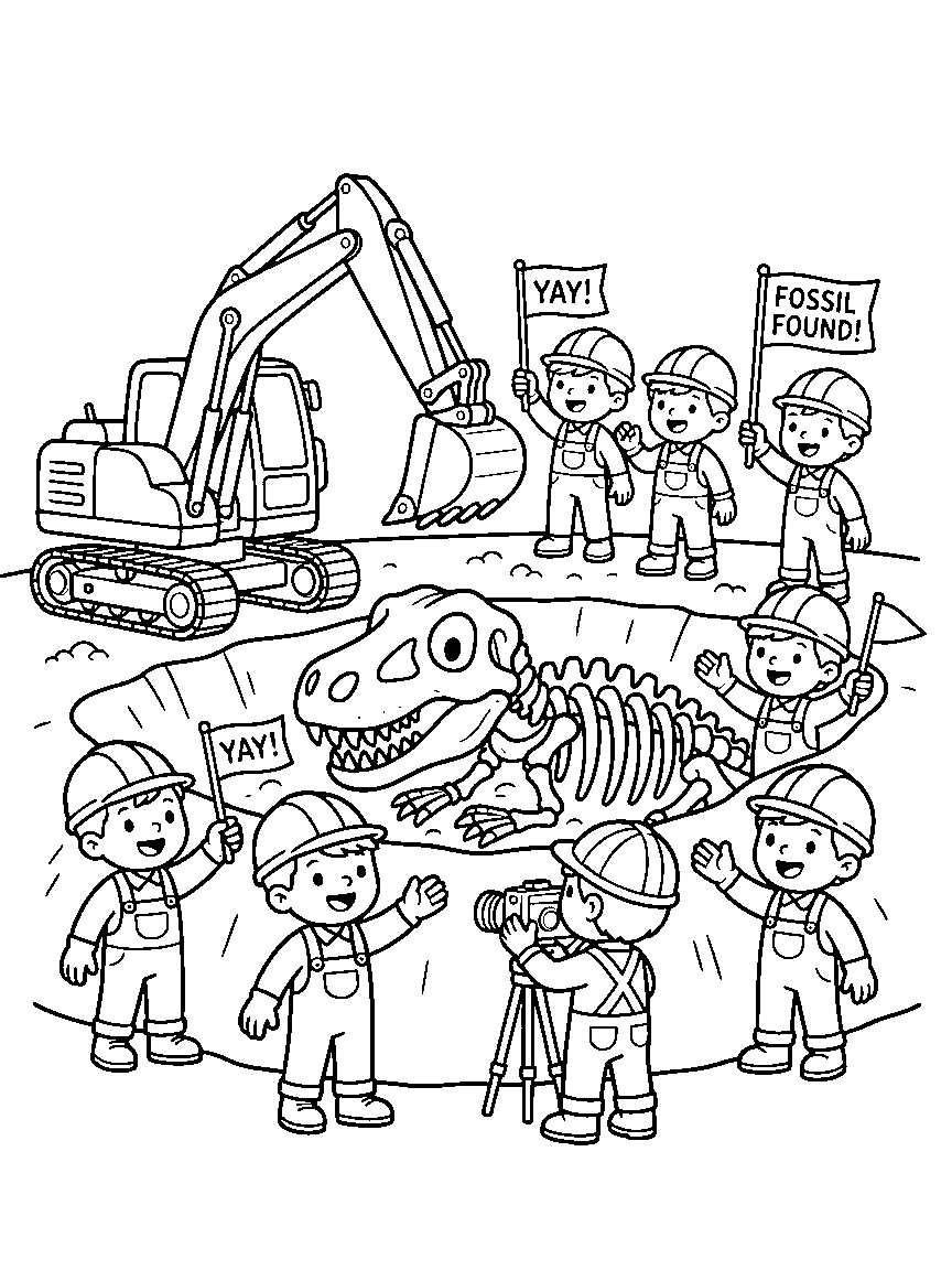 The Digger's Big Find coloring page: an excavator uncovering a giant friendly fossil in a pit while the crew gathers with flags and a camera