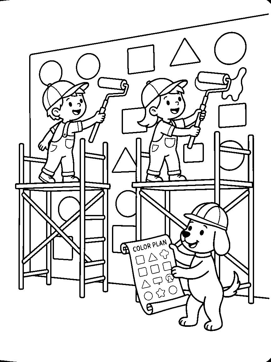Rainbow Mural Paint Team coloring page: painters on scaffolding rolling a giant wall mural of shapes while a supervisor dog holds the color plan