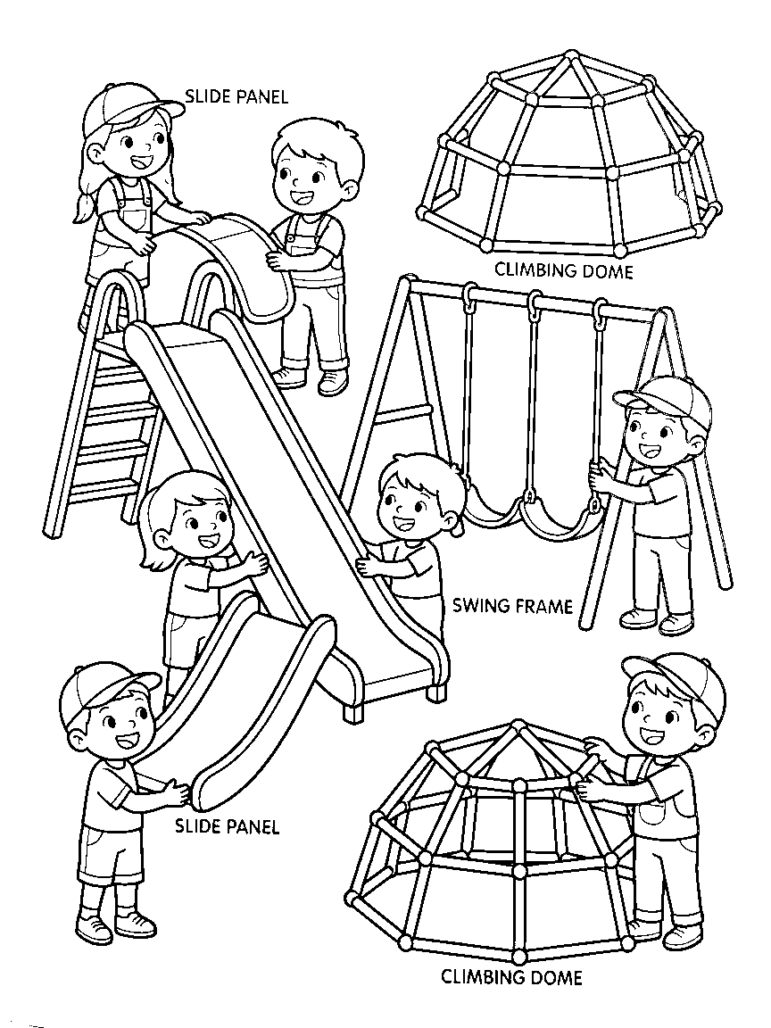 Playground Build Day coloring page: a crew assembling a playground — slide sections, swing frames, a climbing dome — with parts labeled by picture stickers