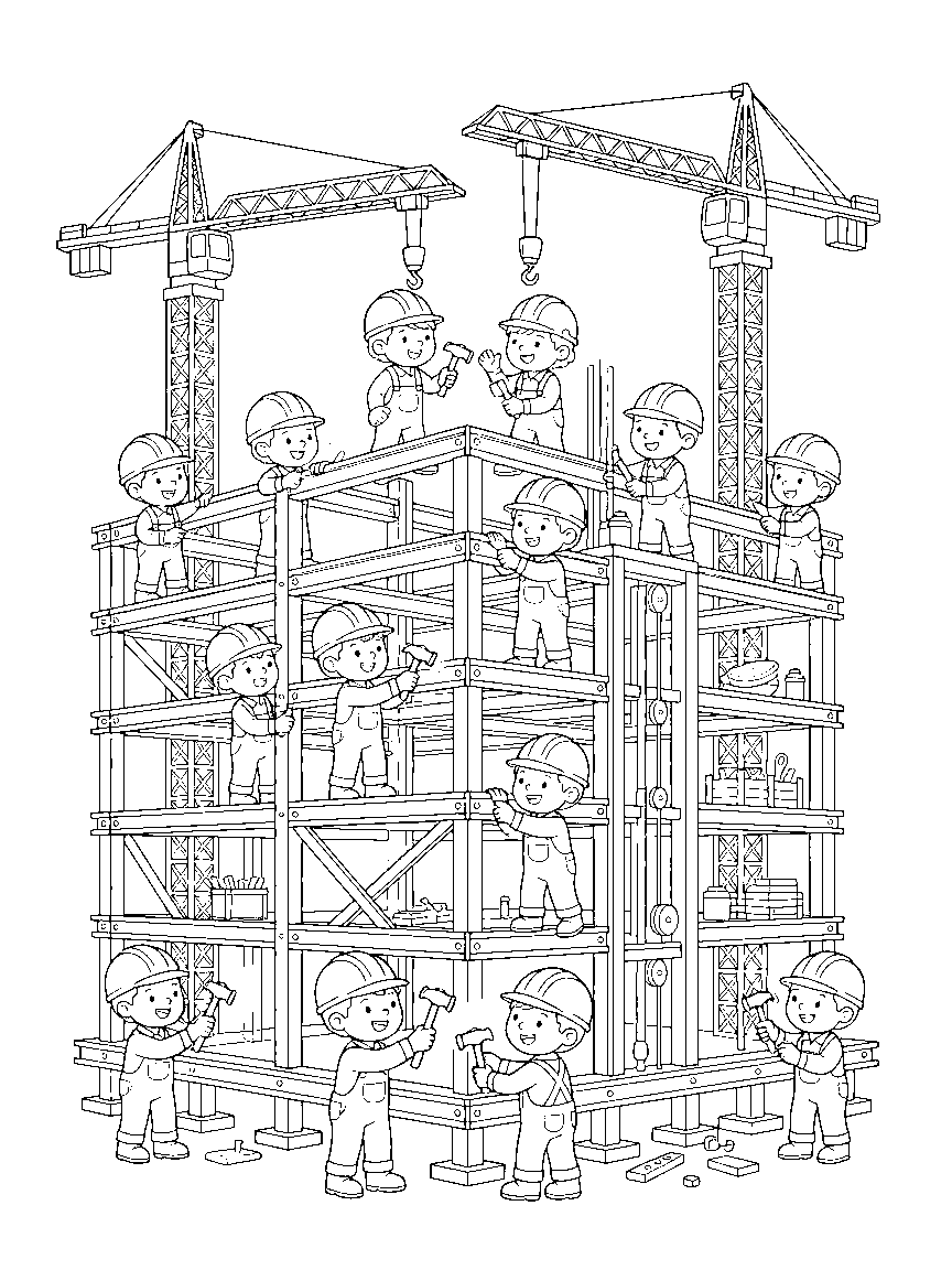Skyscraper Site at Noon coloring page: a detailed skyscraper site with tower cranes, girder beams, rivet crews, a lunch platform, and elevators of supplies