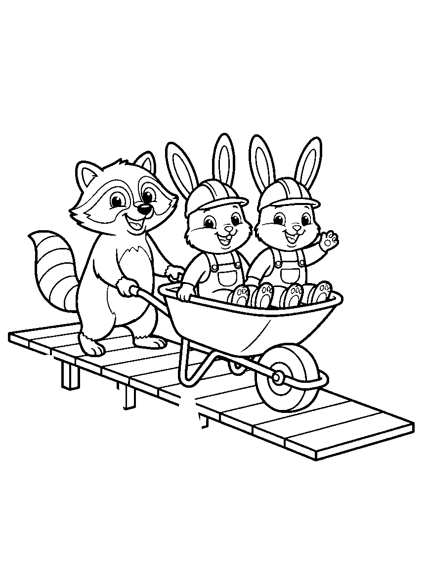 Wheelbarrow Taxi coloring page: a raccoon giving two bunny workers a ride in a wheelbarrow past traffic cones and a plank ramp